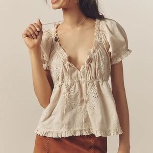 Anthropologie Puff-Sleeve Embroidered Babydoll Top
